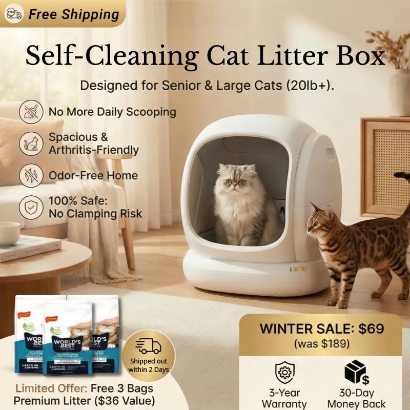 75L Extra-Large Smart Litter Box: 9-Sensor Safety, 35dB Whisper-Quiet & 3 Free Bags of Premium Litter!