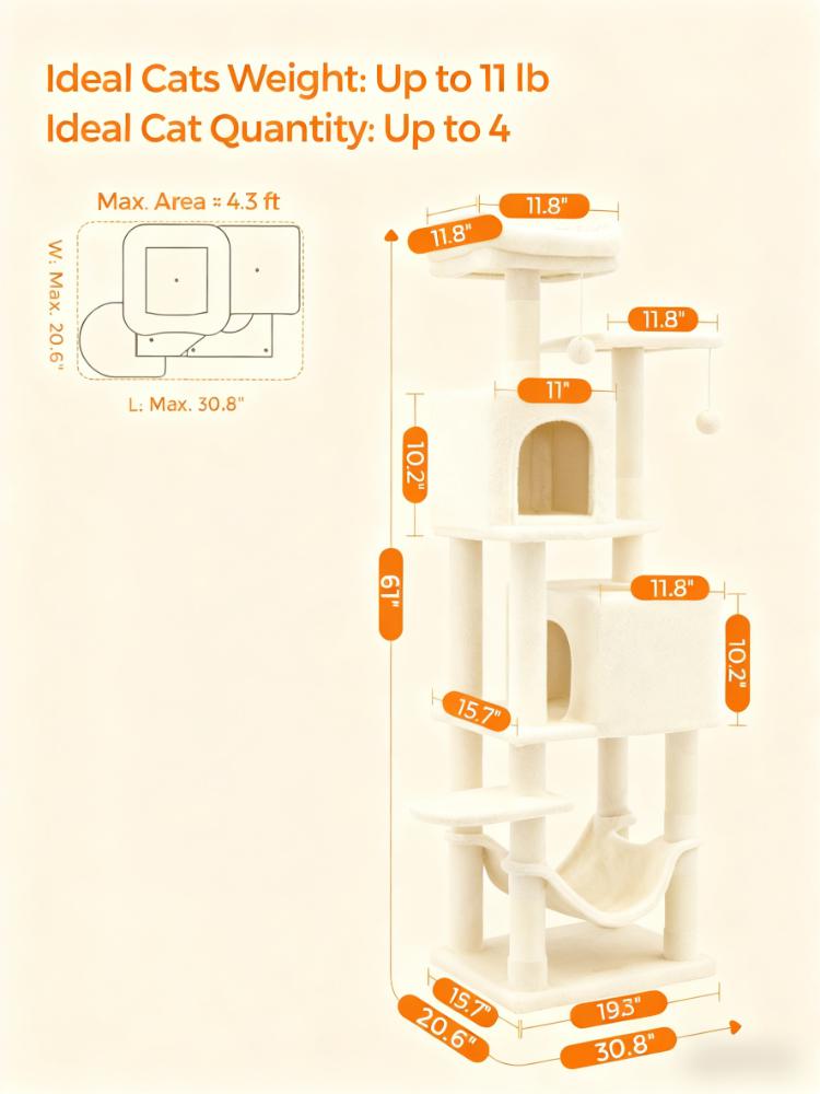 Multi-Level Cat Tree (4-Cat Capacity, Cozy Caves & Anti-Tip Design)